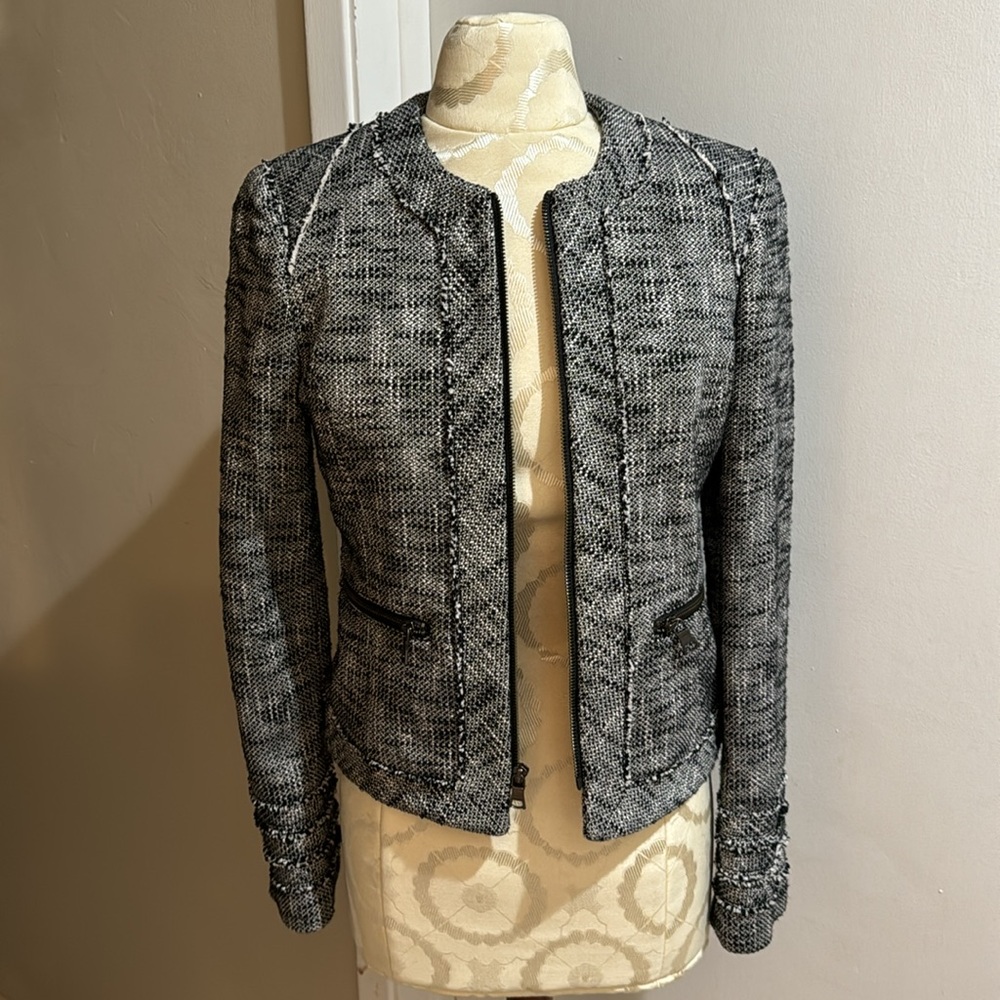 Banana Republic Moto Tweed Black White Lined Zip Up Collarless Chic Jacket 2